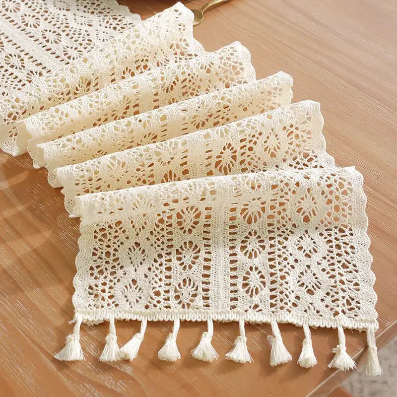 chemin table toile jute crochet beige dentelle