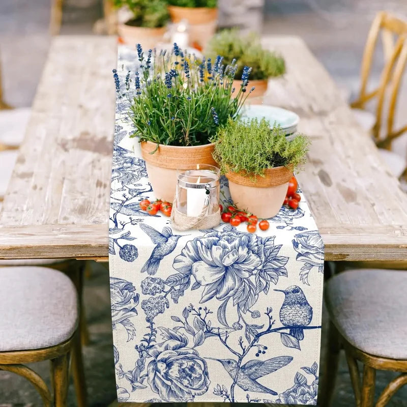 chemin table tissur bleu blanc fleur