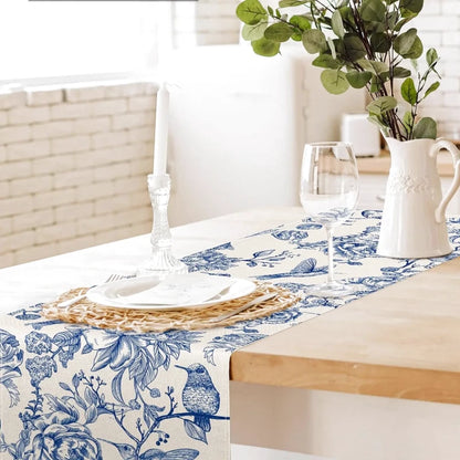 chemin table blanc bleu motifs