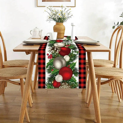 chemin table noel tartan boule houx rouge noir