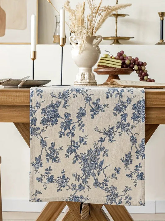 chemin table blanc bleu fleur